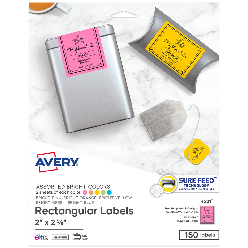 Avery Labels with Sure Feed, Assorted Bright Colors, 2" x 2-5/8", Laser/Inkjet, 150 Labels (4331) - LeoForward Australia