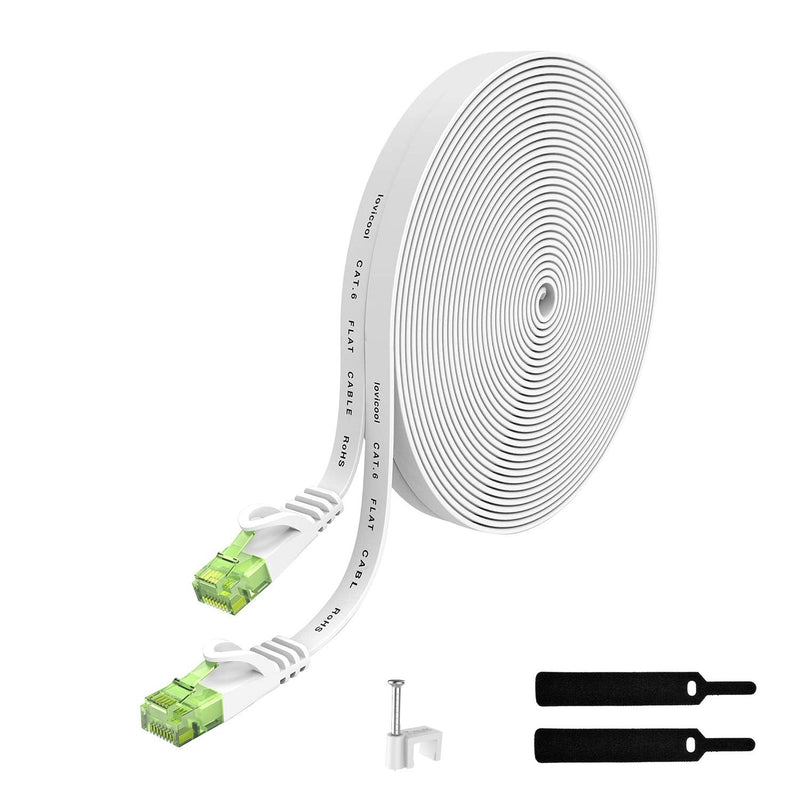  [AUSTRALIA] - Lovicool Cat6 Ethernet Cable 100ft Flat White Long Internet Network LAN Patch Cords Solid Cat 6 High Speed Computer Wire with Clips for Router, Modem, Faster Than Cat5e/Cat5, 100feet