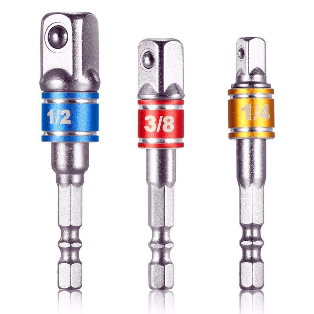  [AUSTRALIA] - Impact Grade Socket Adapter/Extension Set Turns Power Drill Into High Speed Nut Driver,1/4-Inch Hex Shank to Drive for Adapters to Use with Drill Chucks, Sizes 1/4" 3/8" 1/2", Cr-V, 3-Piece