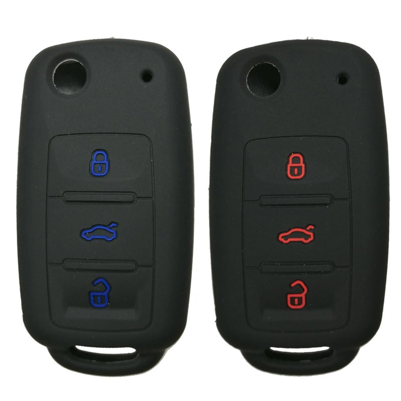  [AUSTRALIA] - 2Pcs Coolbestda Silicone Flip Key Fob Skin Cover Case Protector Keyless Jacket Remote Holder for VW Volkswagen Jetta GTI Passat Golf Tiguan Touareg Beetle 1xBlack with Blue 1x Black with Red