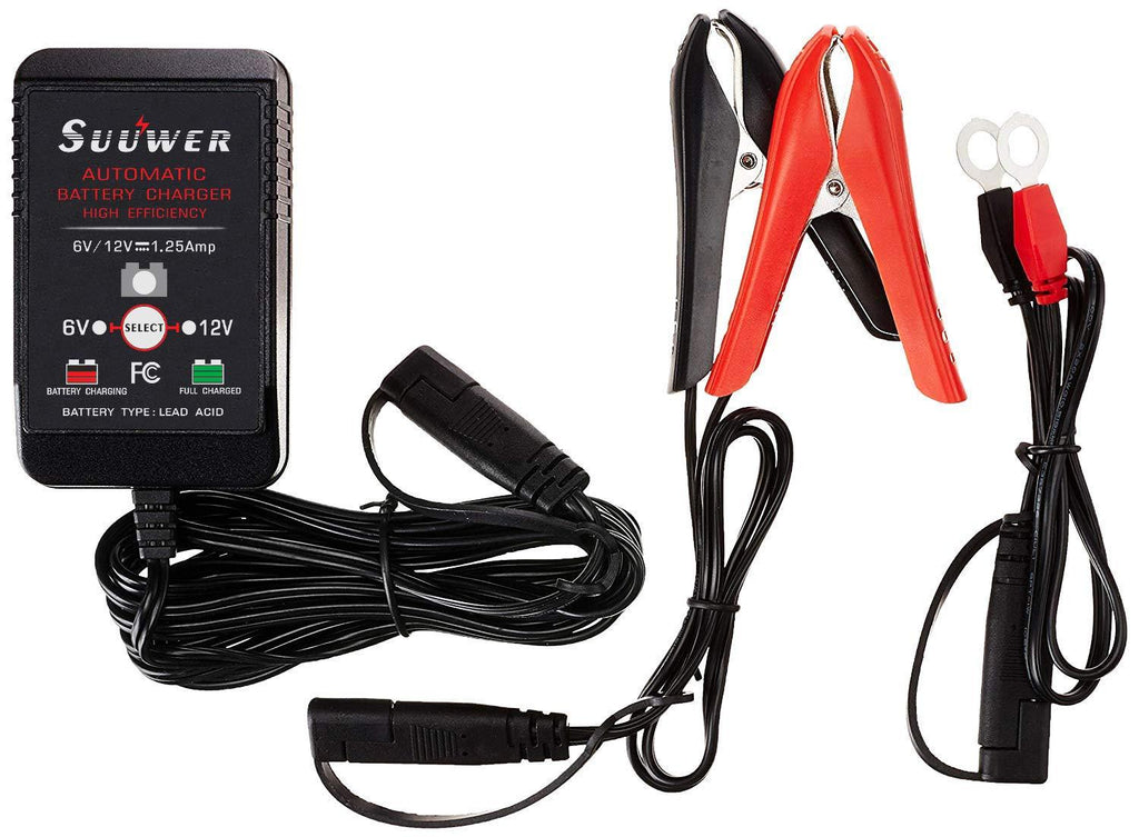  [AUSTRALIA] - Suuwer SUW012, 1.25-Amp Fully-Automatic Smart Trickle Charger, 6V and 12V Battery Charger, Battery Maintainer, for Sealed Maintenace Free AGM, SLA, AGM, Gel Cell, iGel, LTV, Lead Acid Battery 1.25A 6V/12V