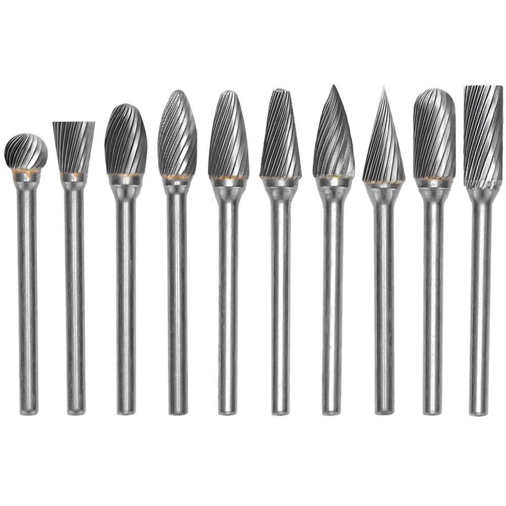 Yakamoz Set of 10pcs 1/8 Inch (3mm) Shank Single Cut Tungsten Steel Solid Carbide Rotary Burrs Set for Woodworking Drilling Carving Engraving Tools - LeoForward Australia