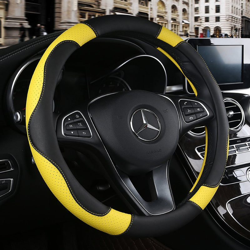  [AUSTRALIA] - BINSHEO Leather Steering Wheel Cover, Breathable, Anti Slip & Odor Free, Black and Yellow Balck Yellow