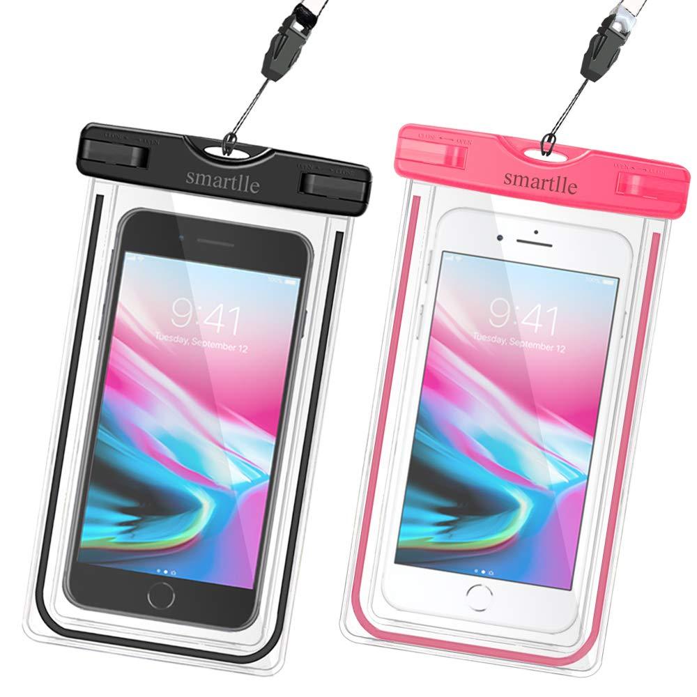  [AUSTRALIA] - Smartlle Waterproof Phone Pouch, Universal Waterproof Phone case, Dry Bag Outdoor Beach Bag for iPhone 11/11 Pro/11 Pro Max/XR/XS Max/X/8 7 6S Plus, Samsung Galaxy, LG, for All Phones, Luminous-2 Pack Black+Pink