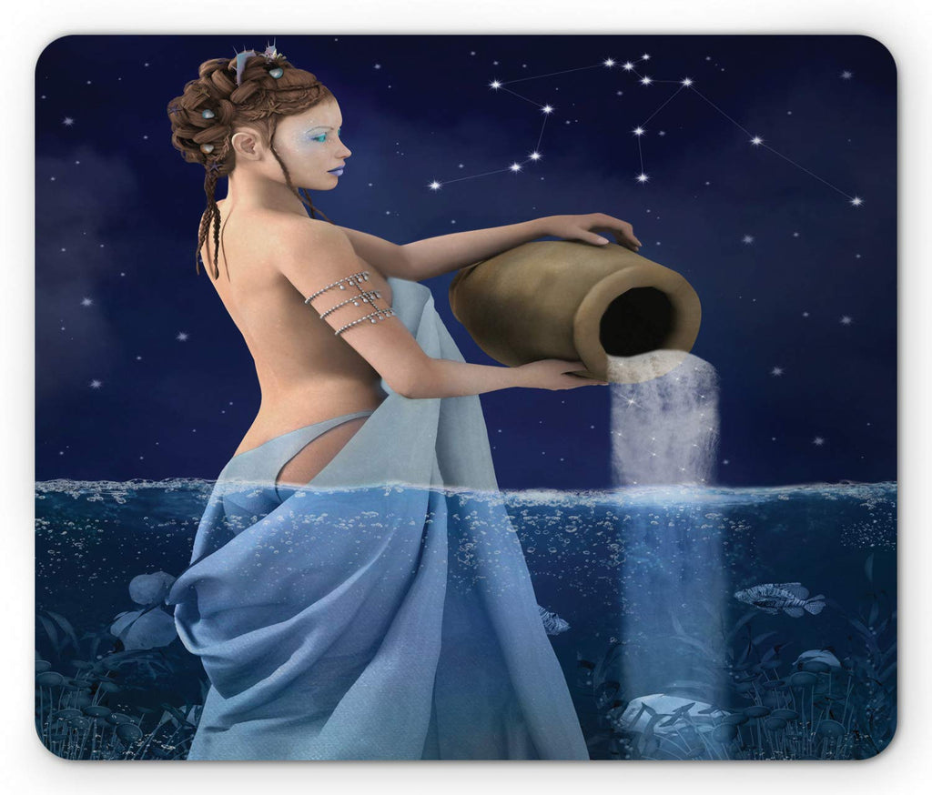 Ambesonne Astrology Mouse Pad, Aquarius Lady with Pail in The Sea Water Signs Saturn Mystry at Night Stars, Rectangle Non-Slip Rubber Mousepad, Standard Size, Dark Blue - LeoForward Australia