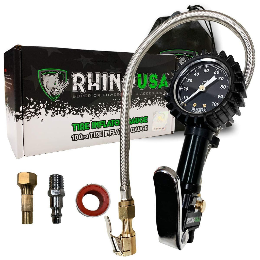 Rhino USA Tire Inflator with Pressure Gauge (0-100 PSI) - ANSI B40.1 Accurate, Large 2" Easy Read Glow Dial, Premium Braided Hose, Solid Brass Hardware, Best for Any Car, Truck, Motorcycle, RV… 100psi Analog - LeoForward Australia