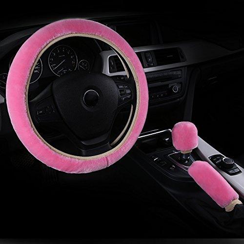  [AUSTRALIA] - I-Joy Fluffy Steering Wheel Cover Set Pink for Women Fuzzy Winter Warm Wrap Universal Fits Car Auto Truck Jeep 14-15 inches with Handbrake Cover Gear Shift Cover