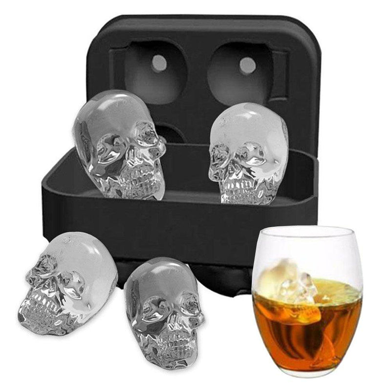  [AUSTRALIA] - Ice Mold Skull 3D Flexible Silicone Ice Cube Molds Maker Tray, 4 Giant Skulls, Round Ice Cube Maker Black