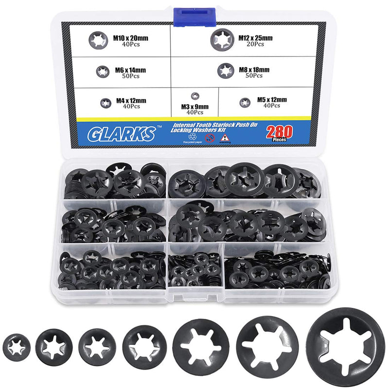  [AUSTRALIA] - Glarks 280Pcs Internal Tooth Starlock Push On Locking Washers Speed Clips Fasteners Assortment Kit