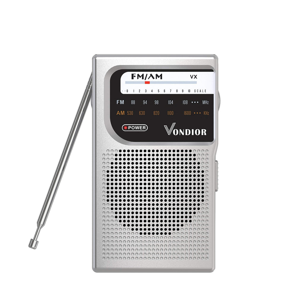  [AUSTRALIA] - AM FM Battery Operated Portable Pocket Radio - Best Reception and Longest Lasting. AM FM Compact Transistor Radios Player Operated by 2 AA Battery, Mono Headphone Socket, by Vondior (Silver) Silver