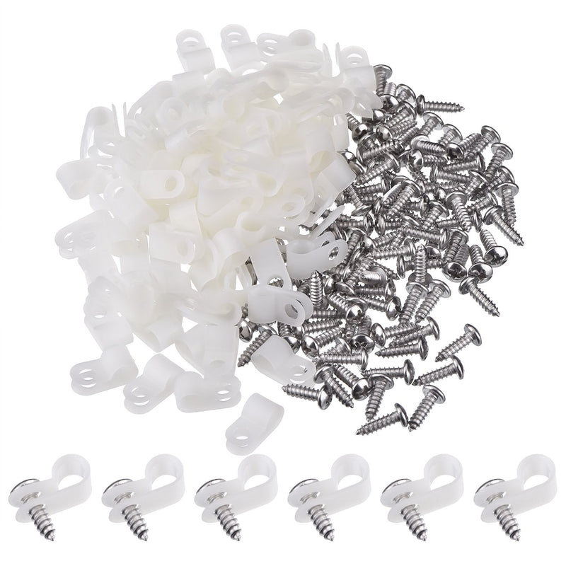  [AUSTRALIA] - Hicarer 100 Pack 1/4 Inch R-type Clip Cable Fastener Wire Clamp Nylon Screw Mounting Electrical Grip Wire Clips with 100 Pack Screws for Wire Management