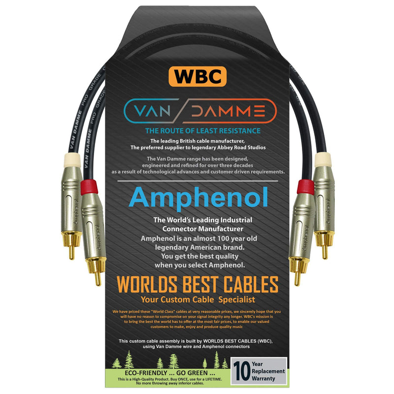 1 Foot - RCA Cable Pair Custom Made by WORLDS BEST CABLES – Made Using Van Damme Pro Grade Classic XKE Instrument (Jet Black) Wire & Amphenol ACPR Die-Cast, Gold Plated RCA Connectors - LeoForward Australia