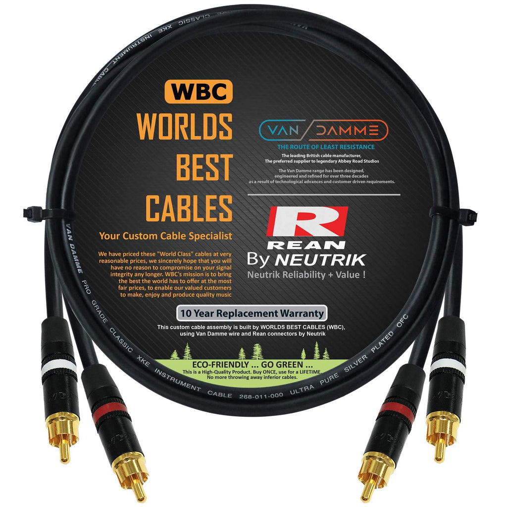 4 Foot - RCA Cable Pair Custom Made by WORLDS BEST CABLES – Made Using Van Damme Pro Grade Classic XKE Instrument (Jet Black) Wire & Neutrik-Rean NYS Gold RCA Connectors - LeoForward Australia