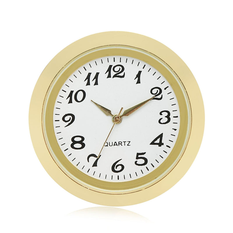 ShoppeWatch Mini Clock Insert Quartz Movement Round 1 7/16 (35mm) Miniature Clock Fit Up White Dial Gold Tone Bezel Arabic Numerals CK094GD - LeoForward Australia