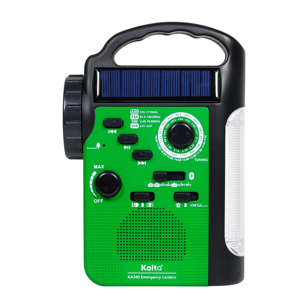 Kaito KA340 5-Way Powered Rechargeable LED Camping Lantern & Emergency AM/FM/SW NOAA Weather Alert Radio with Bluetooth, Flashlight, 5V USB Mobile Phone Charger, MP3 Player & Siren (Green) Green - LeoForward Australia