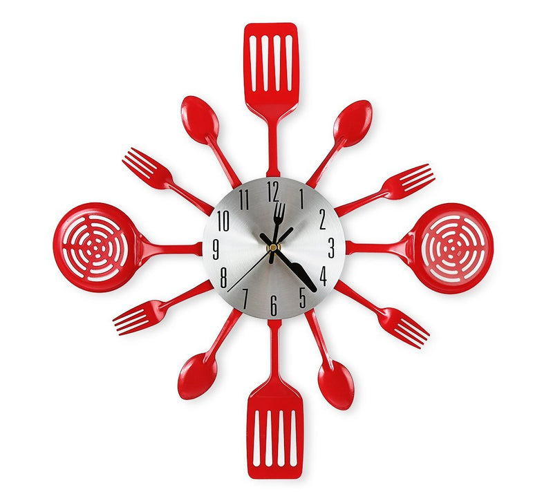 CIGERA 16 Inch Large Kitchen Wall Clocks with Spoons and Forks,Great Home Decor and Nice Gifts,Red Red - LeoForward Australia