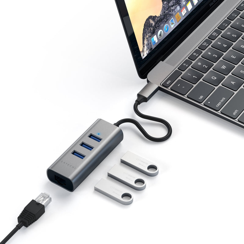 Satechi Type-C 2-in-1 USB 3.0 Aluminum 3 Port Hub with Ethernet - Compatible with 2020/2018 MacBook Air, 2020/2018 iPad Pro, 2019/2018/2017 MacBook Pro (Space Gray) Space Gray - LeoForward Australia