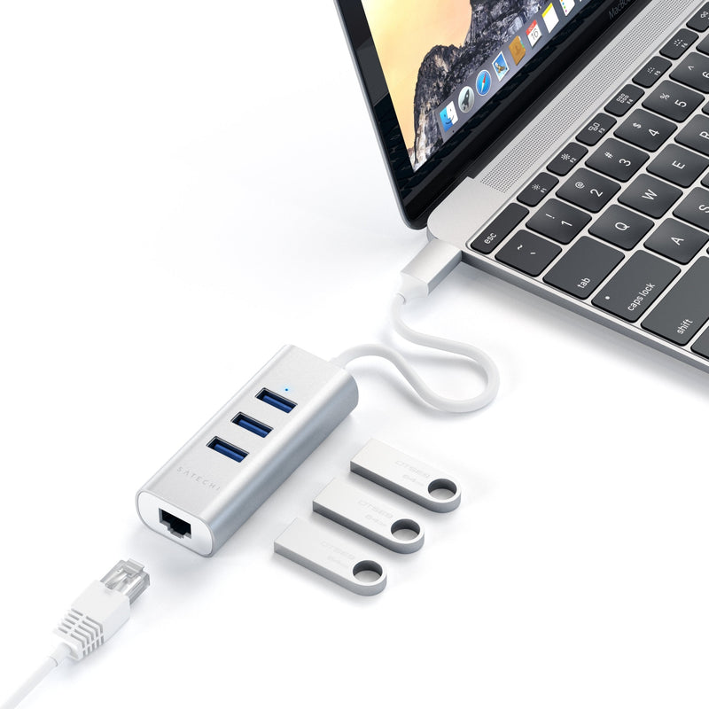 Satechi Type-C 2-in-1 USB 3.0 Aluminum 3 Port Hub with Ethernet - Compatible with 2020/2018 MacBook Air, 2020/2018 iPad Pro, 2019/2018/2017 MacBook Pro (Silver) Silver - LeoForward Australia