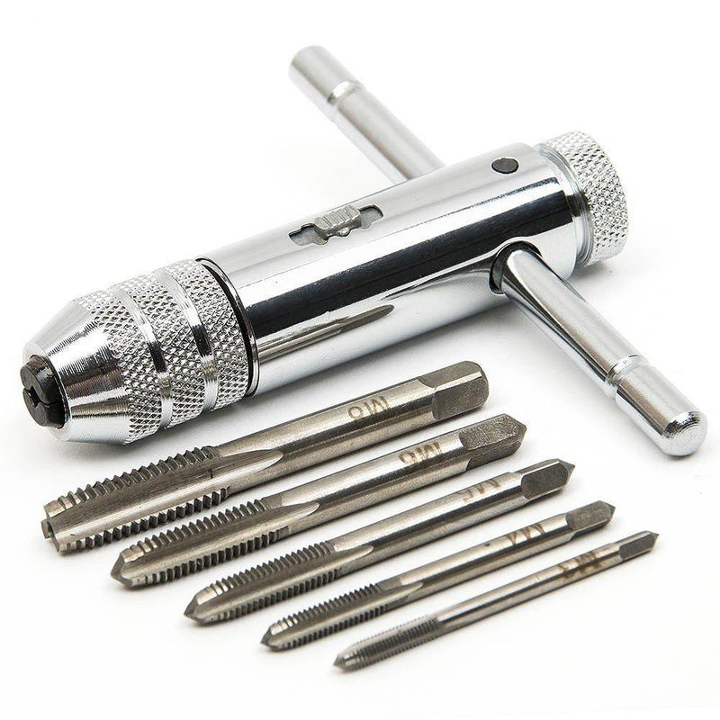  [AUSTRALIA] - QISF Adjustable Silver T-Handle Ratchet Tap Holder Wrench with 5pcs M3-M8 3mm-8mm Machine Screw Thread Metric Plug T-shaped Tap