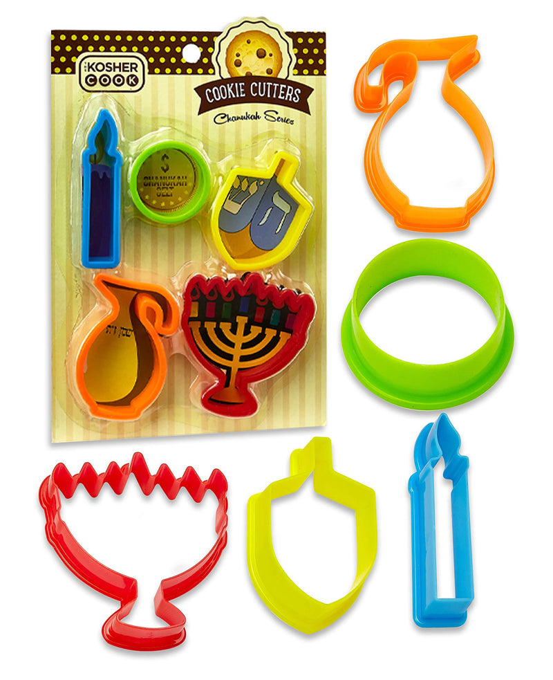  [AUSTRALIA] - Chanukah Cookie Cutter Set – 5 Pieces – Menorah, Dreidel, Oil Jug, Chanuka Gelt and Candle Shaped Plastic Cutters - Chanukah Cookware and Bakeware by The Kosher Cook