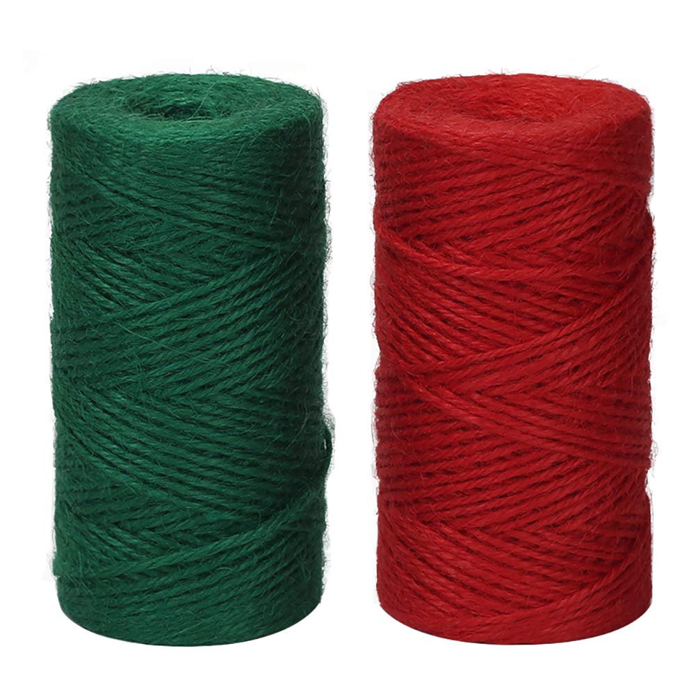  [AUSTRALIA] - Tenn Well 3Ply Jute Twine, 328 Feet x 2 Rolls Thick Jute String Rope for Gardening, Bundling, Gifts, Decoration, DIY Crafts (Green, Red)