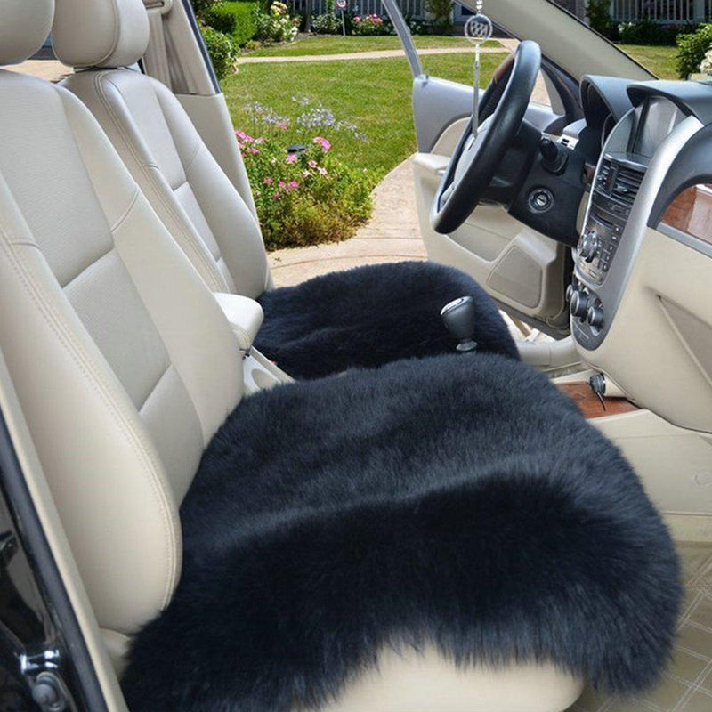  [AUSTRALIA] - WINGOFFLY 2 Pack 17.7x17.7" Luxurious Faux Sheepskin Long Wool Front Car Seat Covers Pad Mat Universal Fit for Auto Supplies Office Chair, Black