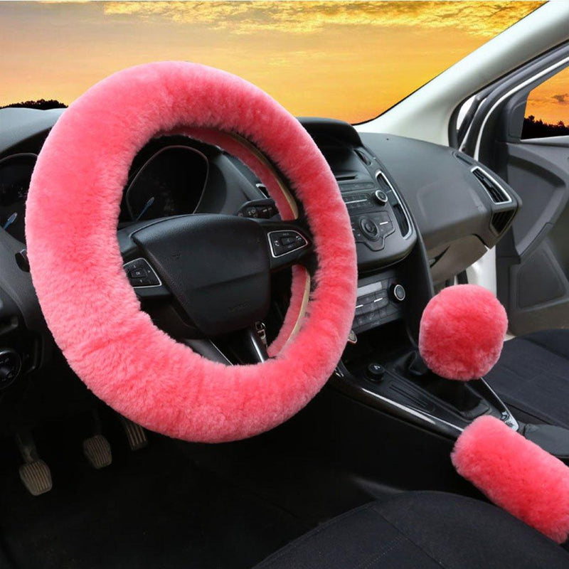  [AUSTRALIA] - 3Pcs Set Womens Winter Fashion Wool Fur Soft Furry Steering Wheel Covers Pink Fluffy Handbrake Cover Gear Shift Cover Fuzz Warm Non-slip Car Decoration Short Hair