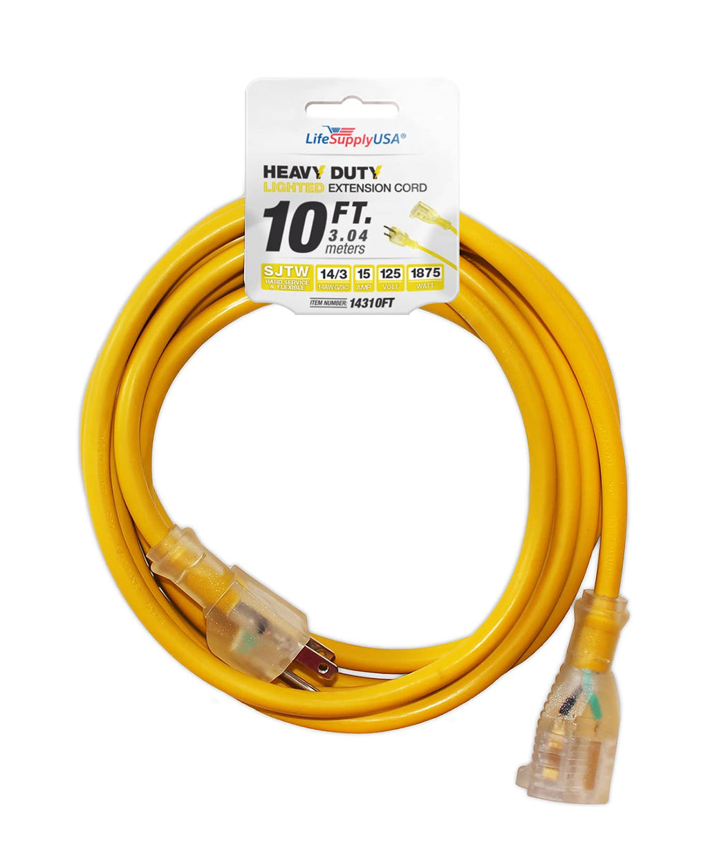  [AUSTRALIA] - 10 ft Extension Cord 14/3 SJTW with Lighted end - Yellow - Indoor / Outdoor Heavy Duty Extra Durability 15 AMP 125 Volts 1875 Watts by LifeSupplyUSA 10 Feet