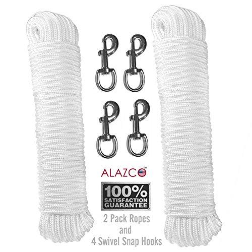  [AUSTRALIA] - 2 ALAZCO 80 ft. Extra Strong Diamond Braid Polypropylene Multi-Purpose Flag Line Rope - Weather Resistant Shock Absorbent Heavy Duty Poly 3/16’’ Thick – They Come with 4pc Swivel Snap Hooks 2 Rope & 4 Snap Hooks