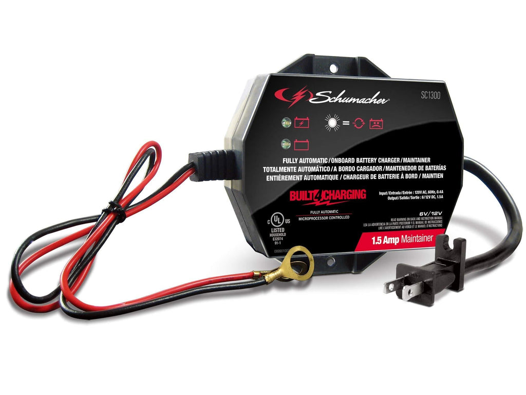 Schumacher SC1300 1.5 Amp 6V/12V Fully Automatic Direct-Mount Onboard Under-the-Hood Smart Battery Charger/Maintainer and Battery Detection for Cars, Motorcycles, Lawn Tractors, Power Sports - LeoForward Australia