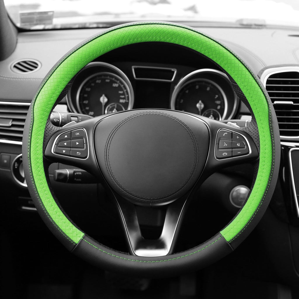  [AUSTRALIA] - FH Group FH2009 Geometric Chic Genuine Leather Steering Wheel Cover (Green) – Universal Fit for Cars Trucks & SUVs