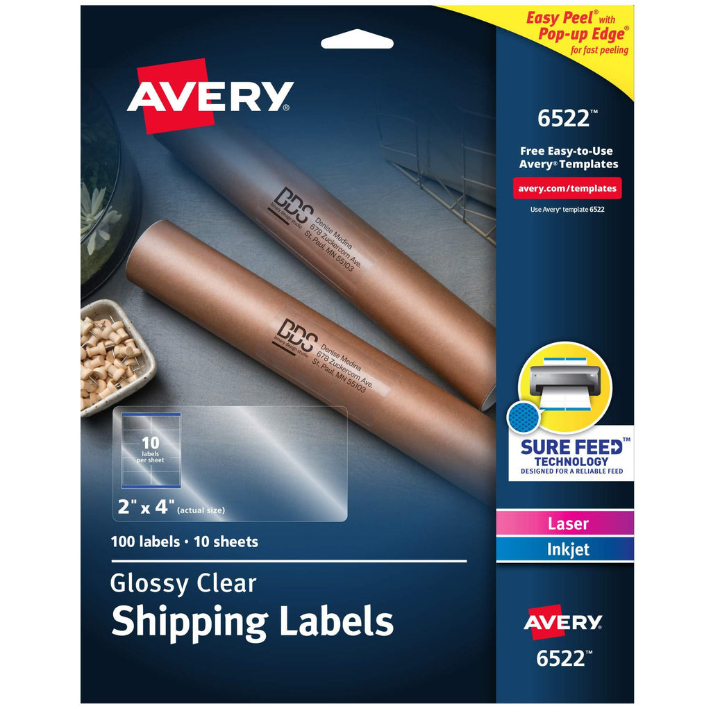 Avery Glossy Crystal Clear Address Labels for Laser & Inkjet Printers, 2" x 4", 100 Labels (6522) 1 Pack - LeoForward Australia