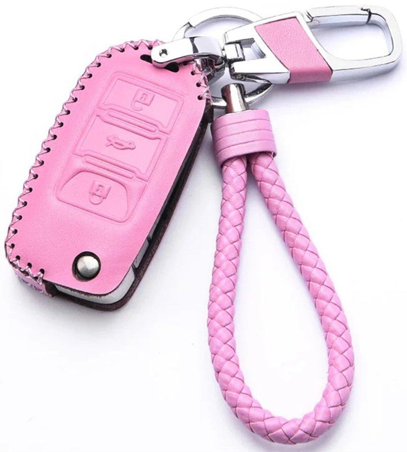 Pink Leather Cover Etui Shell For Volkswagen VW Skoda Seat 3-Button Keyless Entry Remote Flip Car Key Fob Holder Protective Case Bag with Braided Key Chain & Key Rings Auto Accessories Gifts Pink A - LeoForward Australia