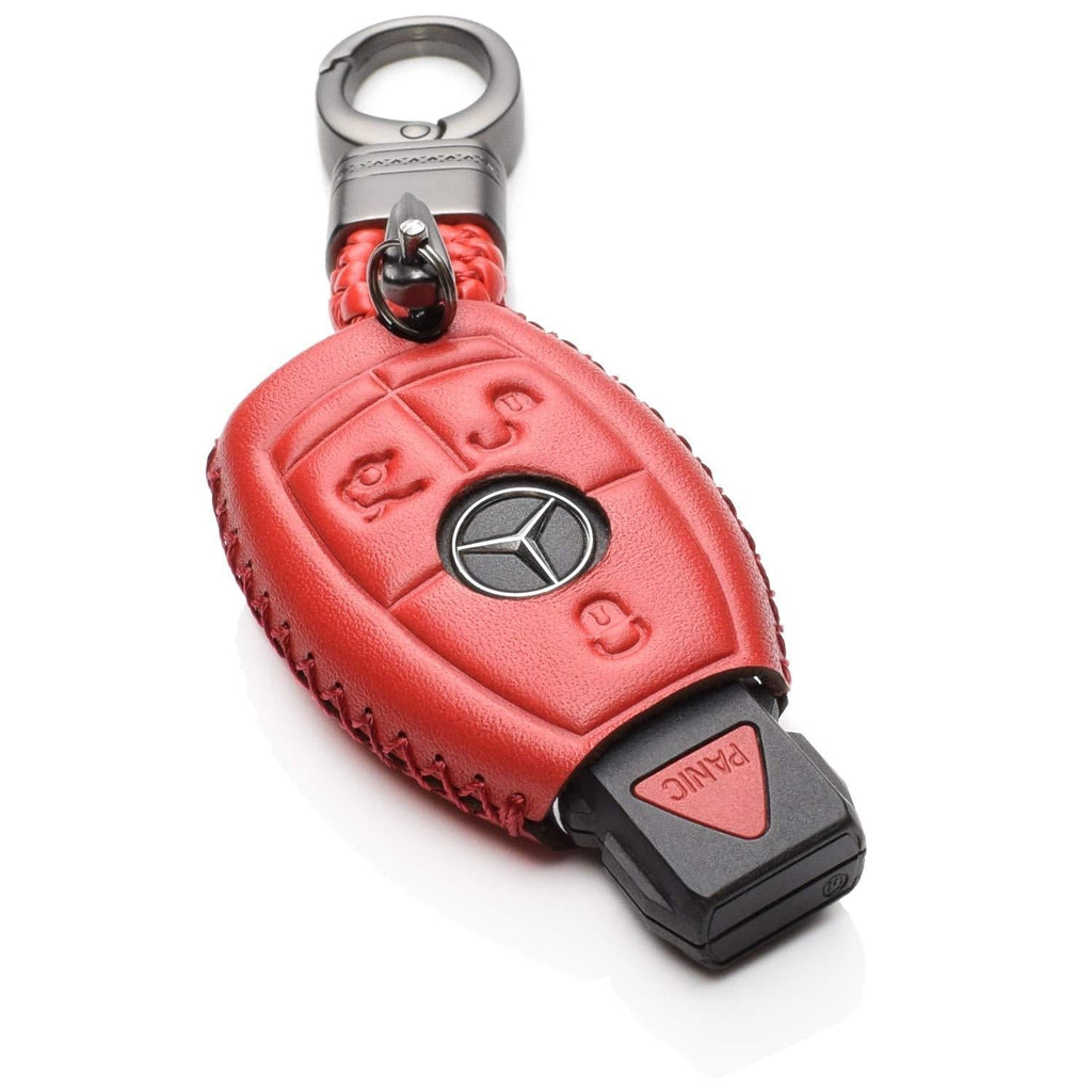Vitodeco Leather Keyless Entry Remote Control Smart Key Case Cover with a Key Chain for Mercedes Benz (Red) 3 or 4 Buttons Red - LeoForward Australia