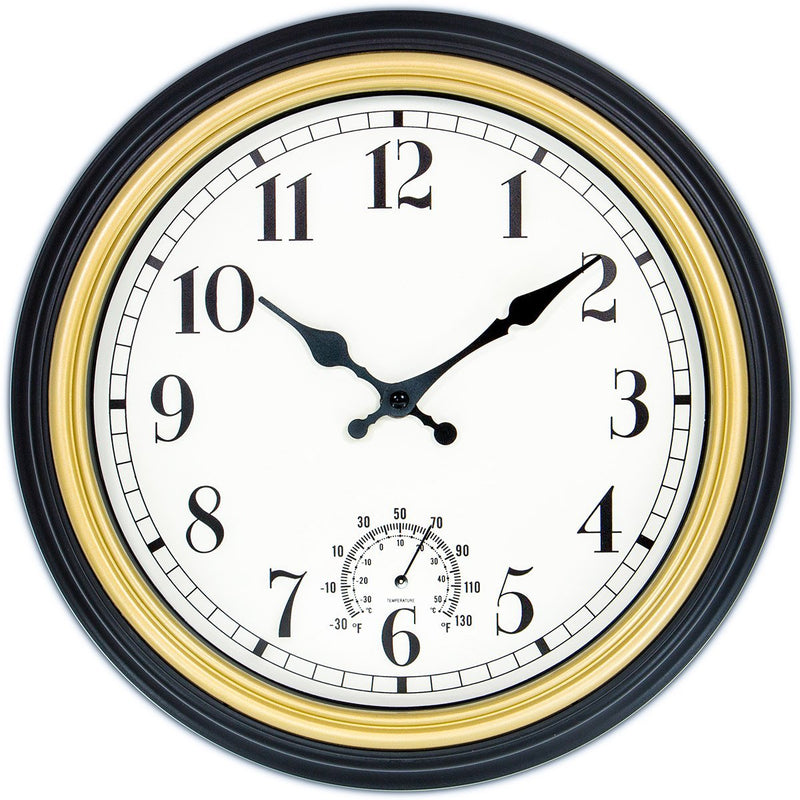  [AUSTRALIA] - 45Min 12 Inch Indoor/Outdoor Retro Round Waterproof Wall Clock with Thermometer, Silent Non Ticking Battery Operated Quality Quartz Wall Clock Home/Patio Decor GoldFrame