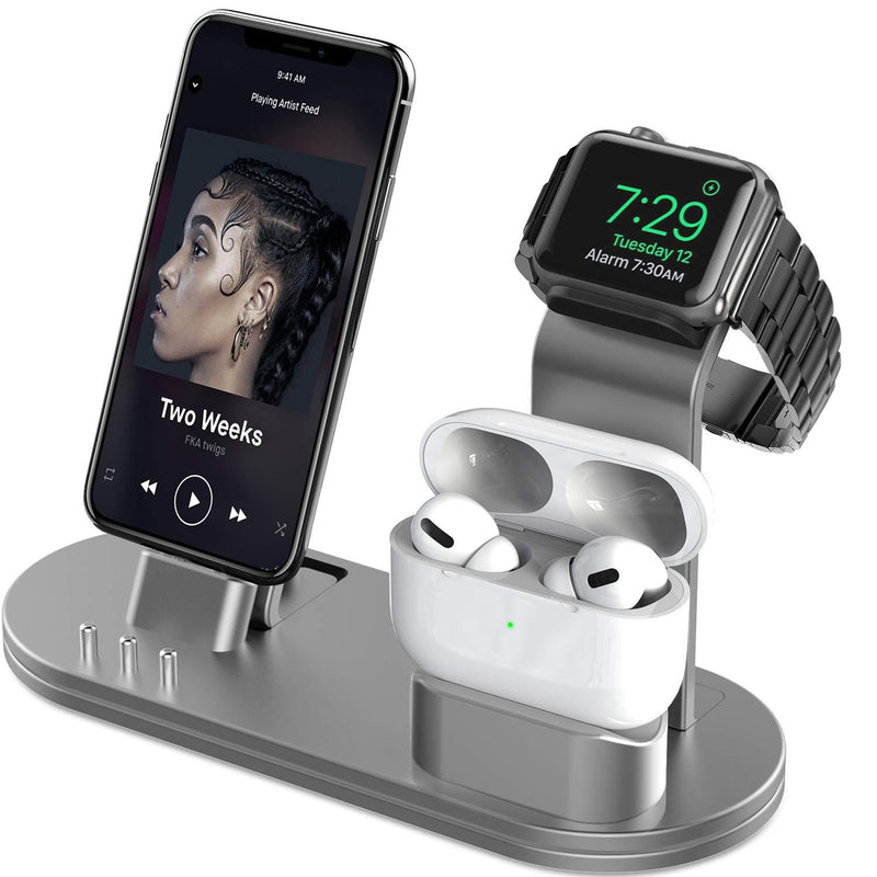 OLEBR Charging Stand Compatible with AirPods, iWatch Series 6/7/SE/5/4/3/2/1,Phone Series 13/12/12 Pro/Max/11/11 Pro/Max/Xs/X Max/XR/X/8/8Plus/7/7 P/6S/6S P(Original Cable Required) Space Grey - LeoForward Australia