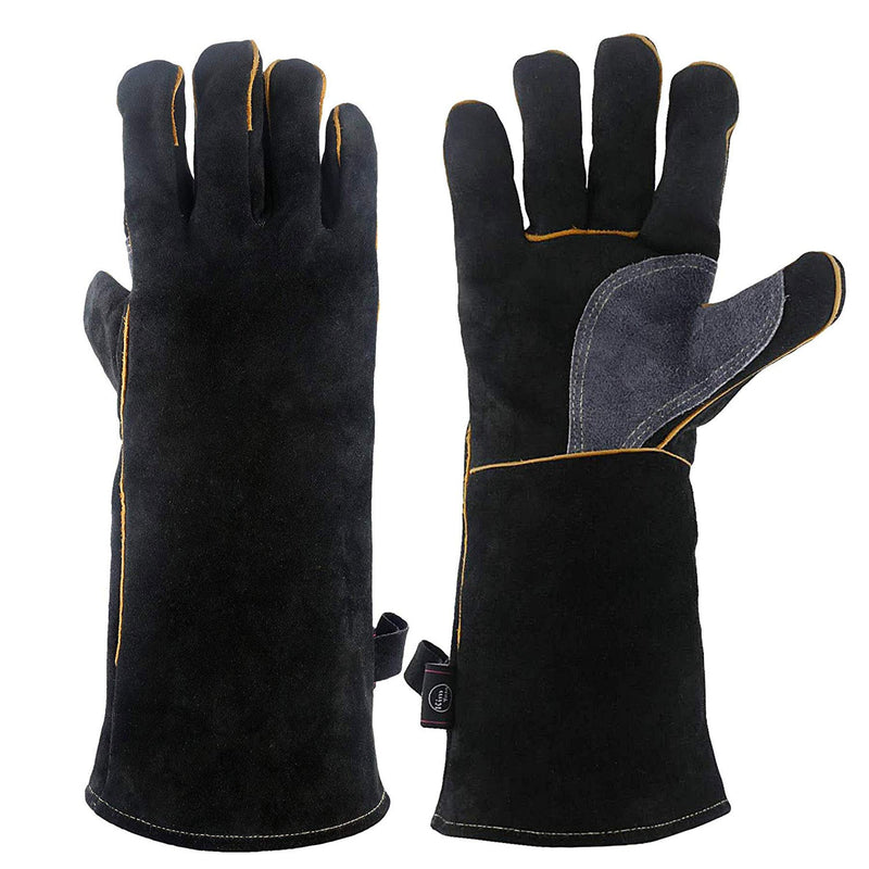  [AUSTRALIA] - KIM YUAN Extreme Heat & Fire Resistant Gloves Leather with Kevlar Stitching,Mitts Perfect for Fireplace, Stove, Oven, Grill, Welding, BBQ, Mig, Pot Holder, Animal Handling 14black