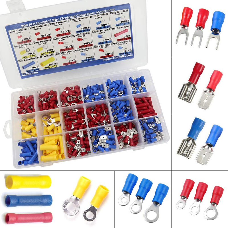  [AUSTRALIA] - Amlits 300 PCS Insulated Wire Electrical Connectors - Butt, Ring, Spade, Quick Disconnect - Crimp Terminals Connectors Assortment Kit PVC Crimp Connectors 300 PCS