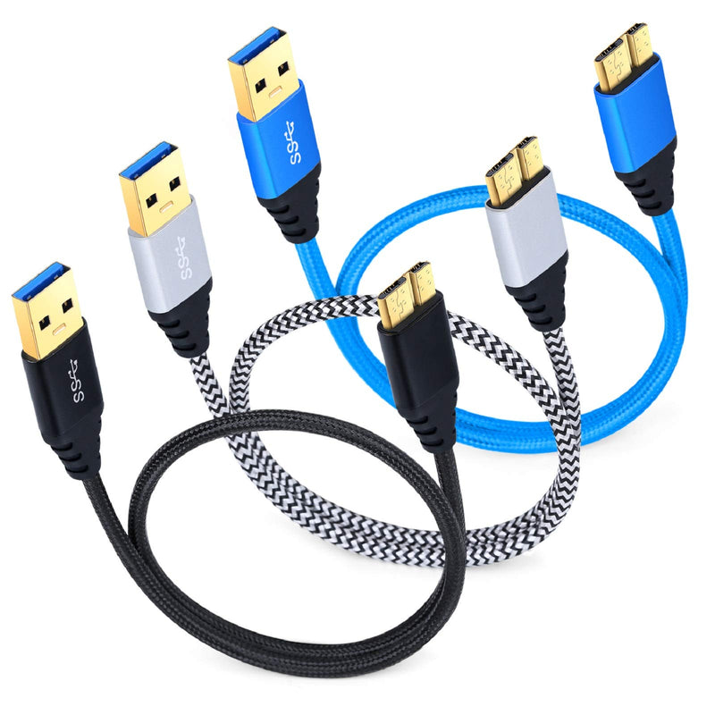  [AUSTRALIA] - Hard Drive Cable, Besgoods 3-Pack Short 1.5ft Braided Super Speed USB 3.0 Cable - A Male to Micro B Cable Cord for Samsung Galaxy S5, Note 3, Hard Drive and More - Black White Blue