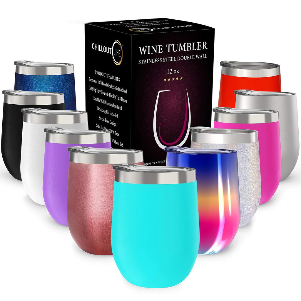  [AUSTRALIA] - CHILLOUT LIFE 12 oz Stainless Steel Tumbler with Lid & Gift Box - Wine Tumbler Double Wall Vacuum Insulated Travel Tumbler Cup for Coffee, Wine, Cocktails, Ice Cream - Sweat Free, Powder Coated Tumble Aqua Blue