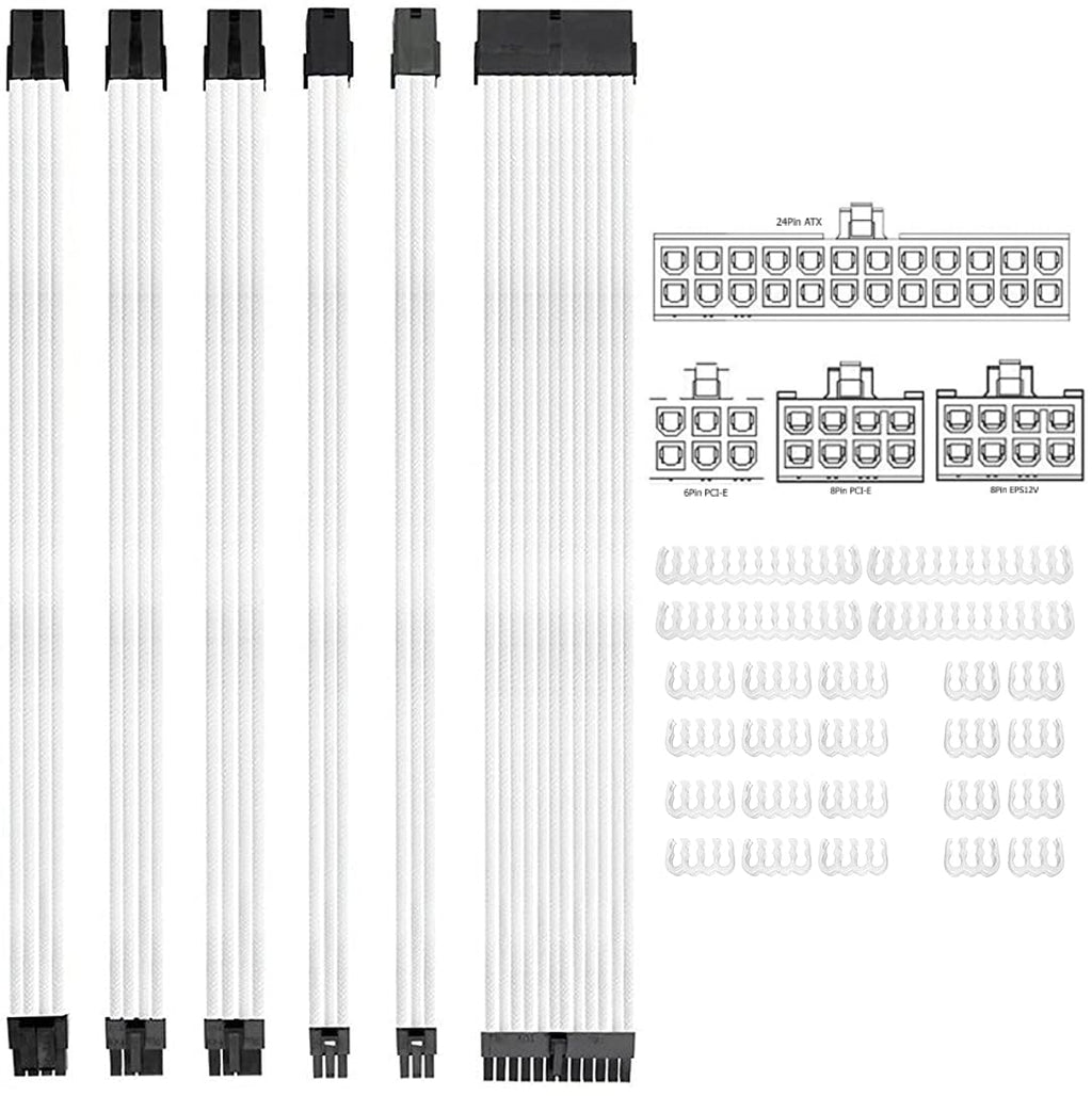KOTTO Braided ATX Sleeved Cable Extension Kit for Power Supply Cable Kit, PSU Connectors, 24 Pin, 8 Pin, 6 Pin 4 + 4 Pin, 6 Pack, with Cable Comb 24 Pieces Set 24-Pin, 8-Pin, 6-Pin (White) White - LeoForward Australia