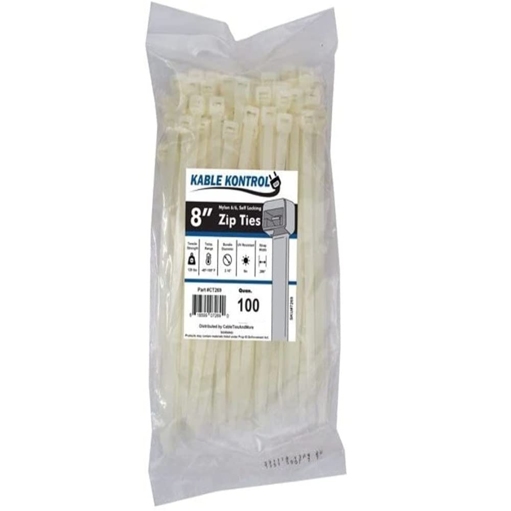  [AUSTRALIA] - Kable Kontrol Heavy Duty Cable Zip Ties 100 Pcs 8 Inch, Natural White, 120 Lbs Tensile Strength, Self-locking Nylon Clear Plastic Wire Ties wraps for Indoor or Outdoor Use