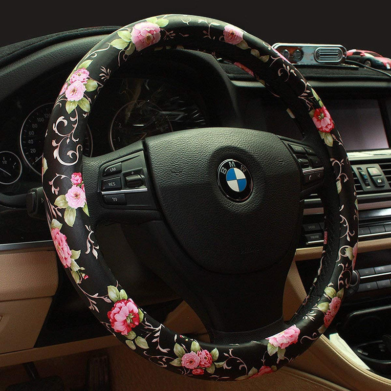  [AUSTRALIA] - Limited - Binsheo PU Leather Floral Auto Car Steering Wheel Cover,for Women Girls Ladies,Anti Slip Non-toxic Universal 15 Inch, Chinese Style,Black with Red Flowers E-Black Red