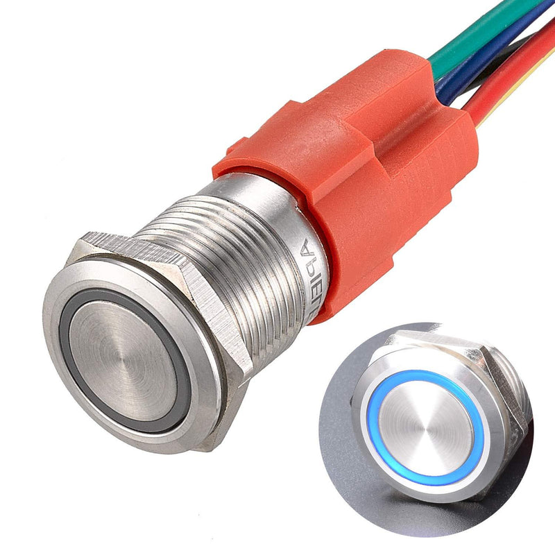 APIELE 16mm Momentary Push Button Switch On Off Stainless Steel with 12V LED Angel Eye Head for 16mm 0.63" Mounting Hole with Wire Socket Self-Reset (Blue) Silver Shell Blue - LeoForward Australia