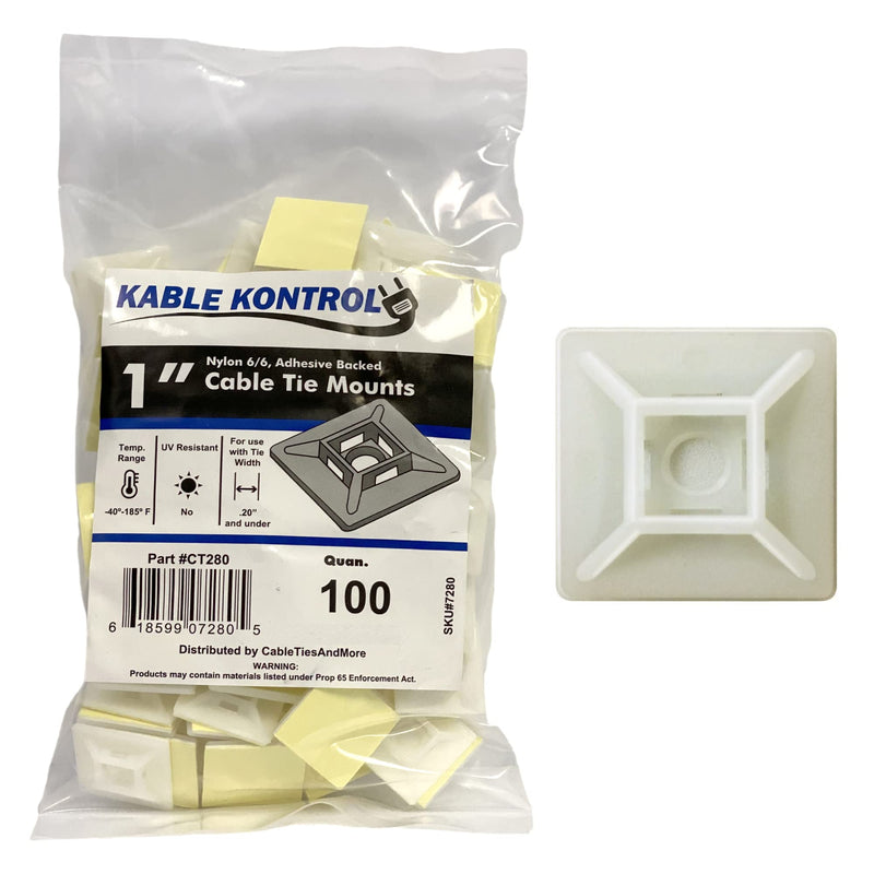  [AUSTRALIA] - Kable Kontrol Zip Tie Mounts, 1” Sq, Natural White, 100 Pcs, Adhesive Backed Multi-Purpose Mounting Squares Nylon Cable Tie Wrap Anchor Pads for Cable Management 1" Inch Square