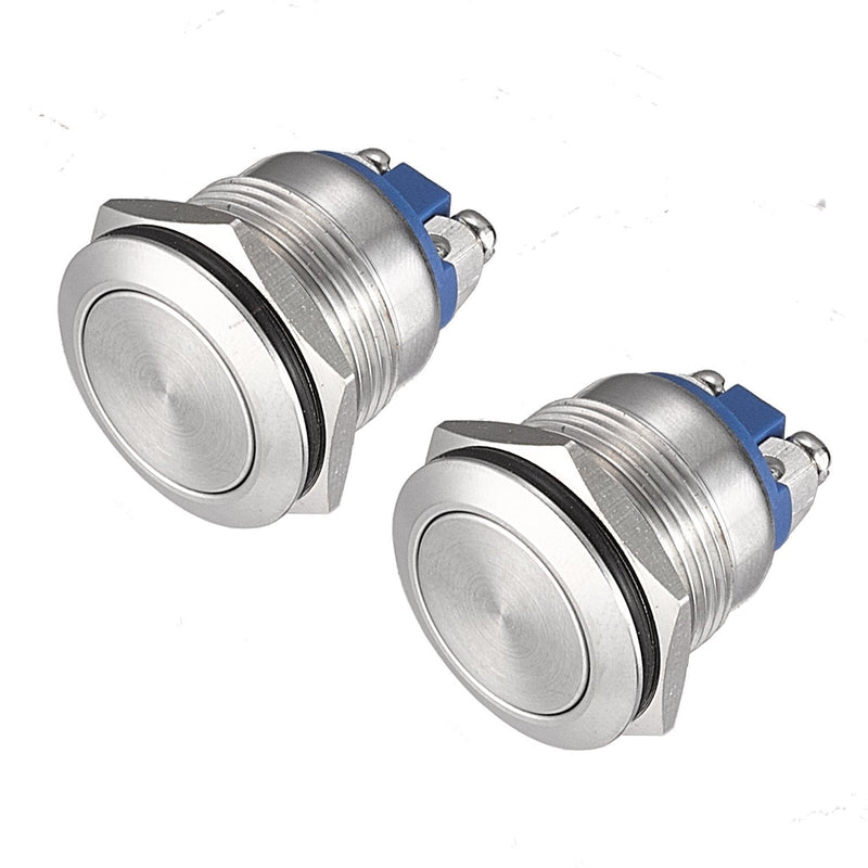 (Pack of 2) 19mm Momentary Push Button Switch Waterproof Stainless Steel Metal Flat Top 12V 24V 36 DC 110V 250V AC 5A 1NO SPST Screw Terminal APIELE Flat Round - LeoForward Australia