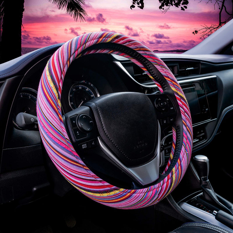  [AUSTRALIA] - Pink Woven Boho Steering Wheel Cover for Women - Universal Fit for Standard Wheel Sizes 14.5 15 15.5 inches (Light Stripes) Light Stripes