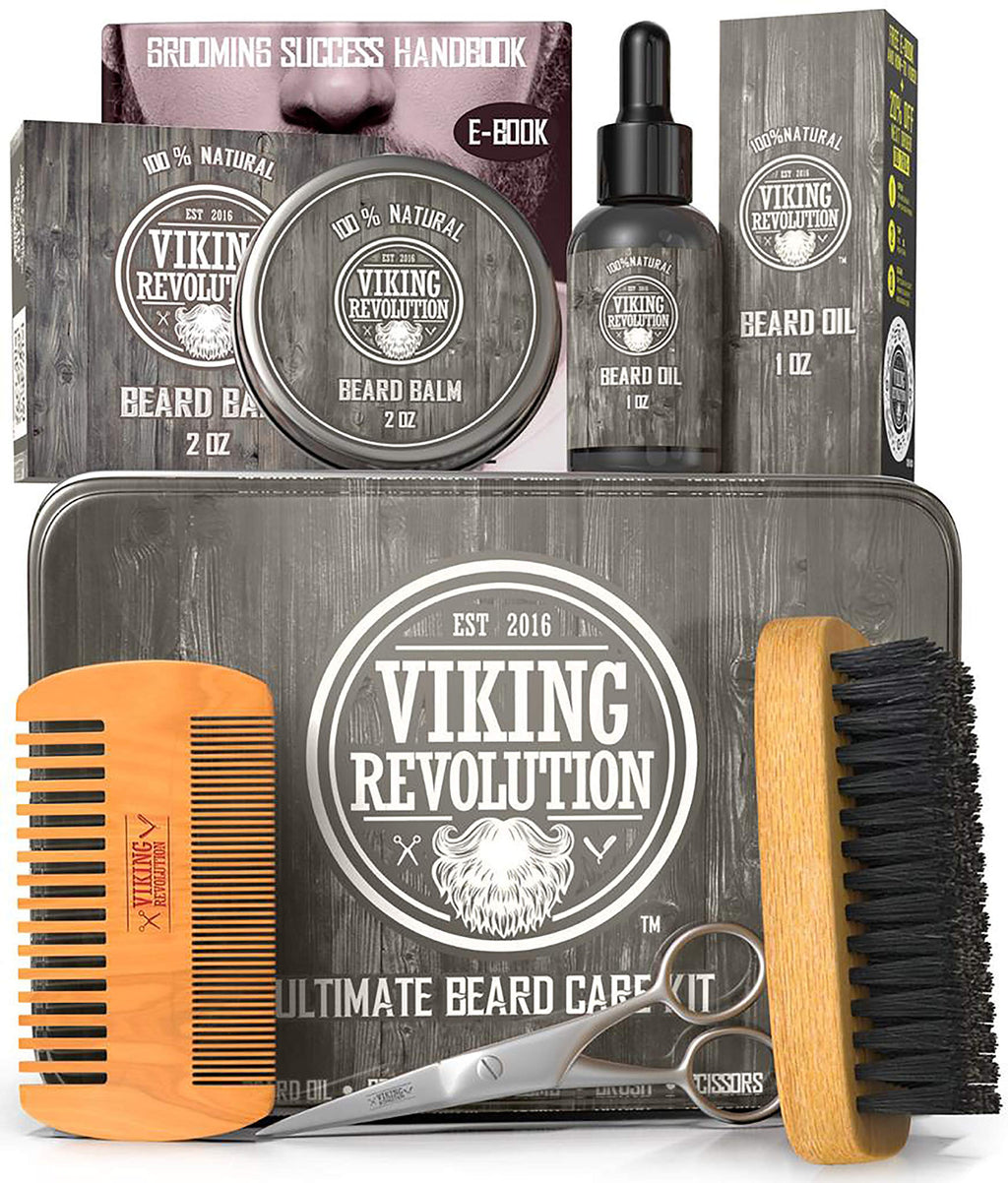 Viking Revolution Beard Care Kit for Men - Ultimate Beard Grooming Kit includes 100% Boar Men’s Beard Brush, Wooden Beard Comb, Beard Balm, Beard Oil, Beard & Mustache Scissors in a Metal Box 6 Piece Set - LeoForward Australia
