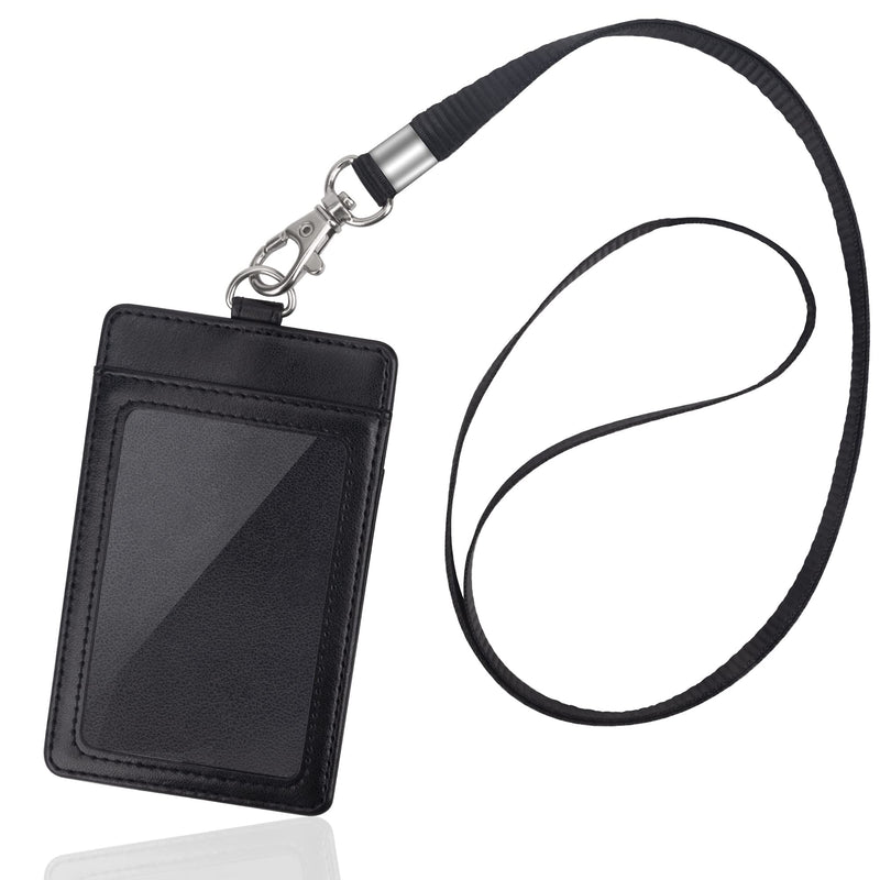  [AUSTRALIA] - Arae Card Holder Vertical PU Leather Badge Holder with 1 Clear ID Card Window 1 Card Slot and 1 Neck Lanyard for Office/School ID Credit Card Driver License - Black