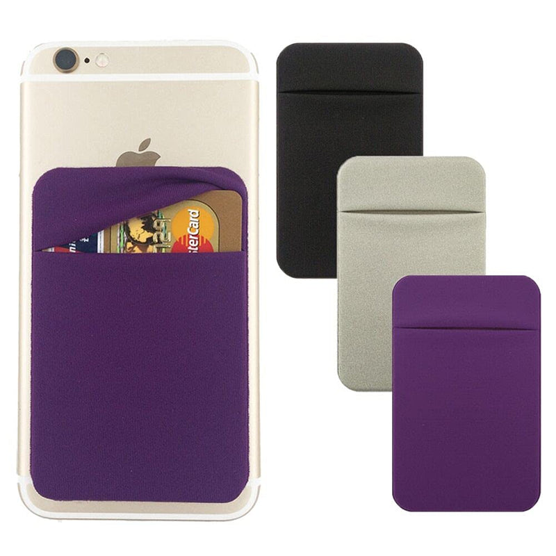 3Pack Cell Phone Card Holder[Double Secure With Pocket for ID/Credit Cards] for Back of Phone,Stick On Card Wallet Sticker Stretchy Lycra Fabric for iPhone,Android and Smartphones-Purple,Silver,Black - LeoForward Australia